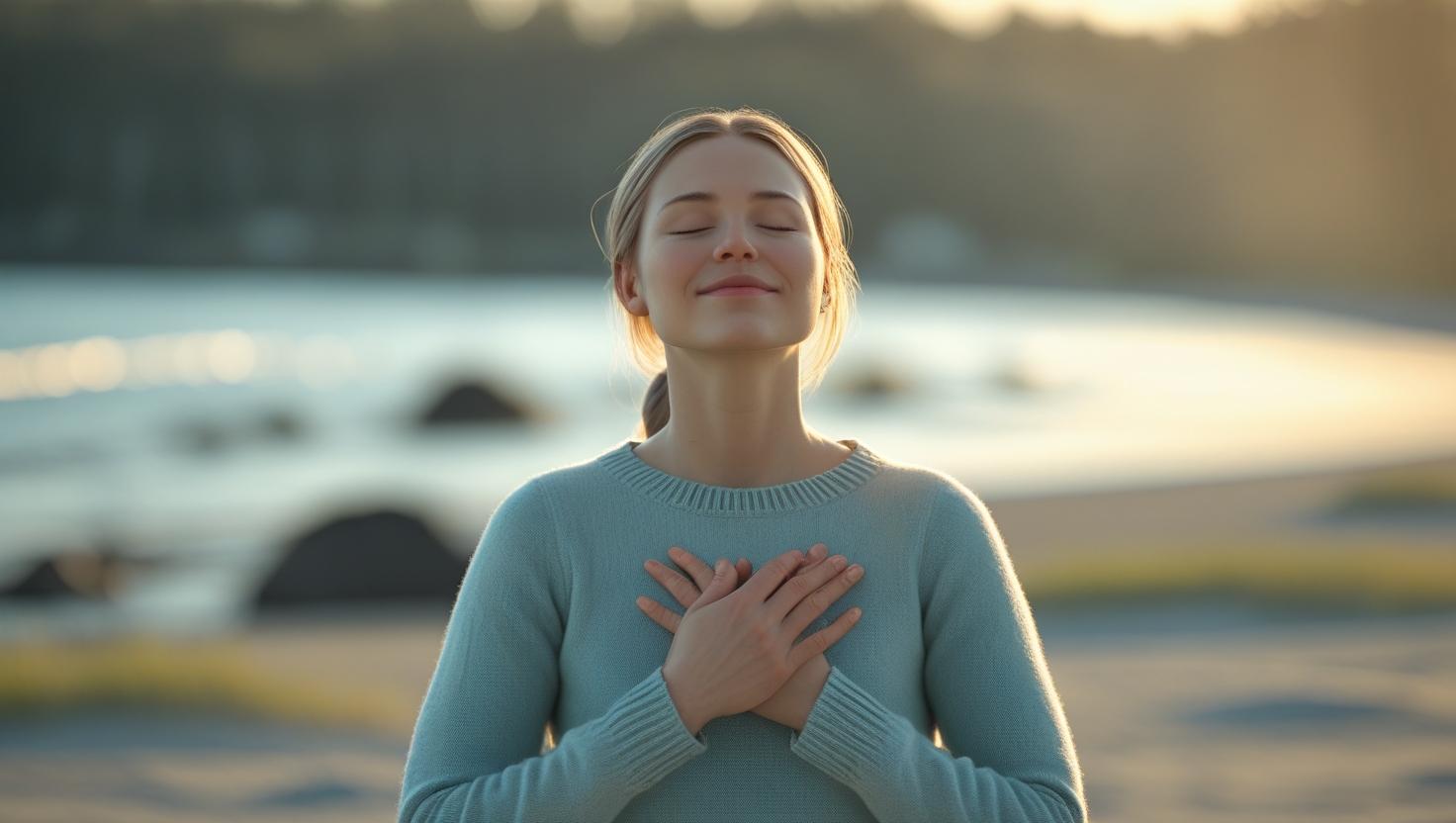 photorealistic mynd fyrir vefsíðu sem endurspeglar æfingar með góðvild í eigin garð eða self-compassion eða self-kindness. Myndin er af einni manneskju sem er norræn í útliti